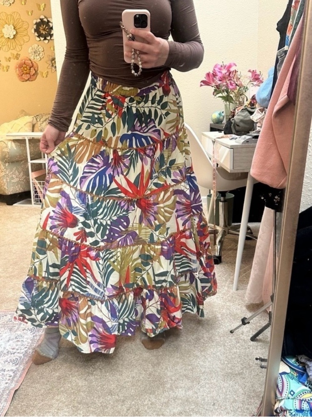 Resortwear Tropical Leaf Tiered Cotton Blend Maxi Skirt Multicolor Beach Sz L - Picture 2 of 6